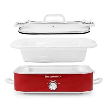 Elite Gourmet MST-5240 Casserole Crock Slow Cooker, Locking Lid Adjustable Temperature Keep Warm Oven & Dishwasher-Safe Casserole Pan, 3.5Qt Capacity, Red