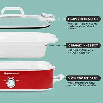 Elite Gourmet MST-5240 Casserole Crock Slow Cooker, Locking Lid Adjustable Temperature Keep Warm Oven & Dishwasher-Safe Casserole Pan, 3.5Qt Capacity, Red