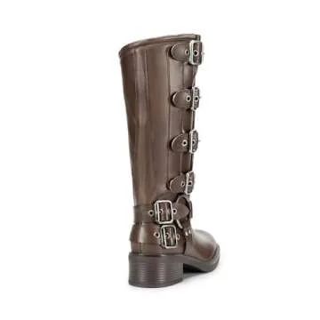 DREAM PAIRS Women's Knee High Riding Boots Slip On Motorcycle Boots Square Toe Chunky Heel Fashion Buckles Biker Boots,Size 10,TAN,SDKB2416W