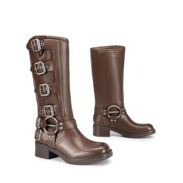 DREAM PAIRS Women's Knee High Riding Boots Slip On Motorcycle Boots Square Toe Chunky Heel Fashion Buckles Biker Boots,Size 10,TAN,SDKB2416W