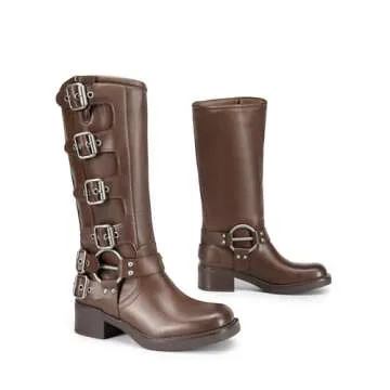 DREAM PAIRS Women's Knee High Riding Boots Slip On Motorcycle Boots Square Toe Chunky Heel Fashion Buckles Biker Boots,Size 10,TAN,SDKB2416W