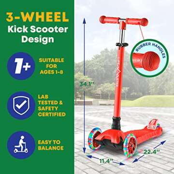 Lifemaster Kids Scooter – Children and Toddler 3 Wheel Kick Scooter – LED Wheel Lights Illuminate When Rolling– Adjustable Handlebar – Indoor and Outdoor Red