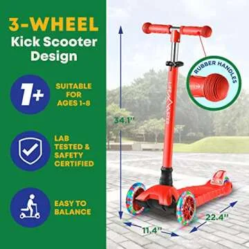 Lifemaster Kids Scooter – Children and Toddler 3 Wheel Kick Scooter – LED Wheel Lights Illuminate When Rolling– Adjustable Handlebar – Indoor and Outdoor Red