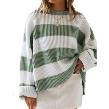 ZESICA Women's Oversized Crew Neck Striped Pullover Sweater - Cozy Fall Fashion