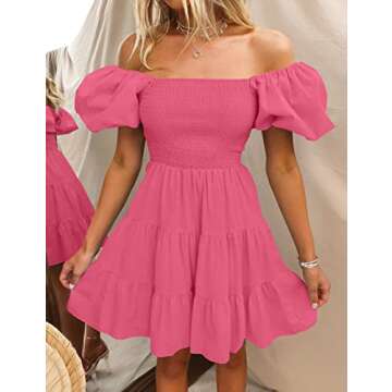 ZESICA Women's Boho Summer Square Neck Puff Sleeve Off Shoulder Smocked Tiered Casual A Line Short M...
