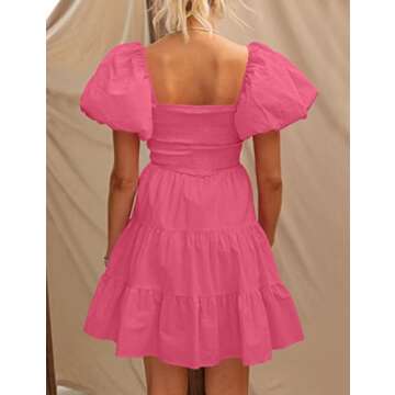 ZESICA Women's Boho Summer Square Neck Puff Sleeve Off Shoulder Smocked Tiered Casual A Line Short Mini Dress,Pink,Small