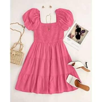ZESICA Women's Boho Summer Square Neck Puff Sleeve Off Shoulder Smocked Tiered Casual A Line Short Mini Dress,Pink,Small