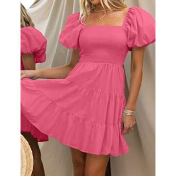 ZESICA Women's Boho Summer Square Neck Puff Sleeve Off Shoulder Smocked Tiered Casual A Line Short Mini Dress,Pink,Small