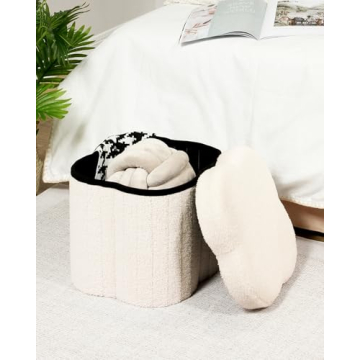 B FSOBEIIALEO Storage Ottoman Cube, Flowers Shaped Ottomans with Storage Foot Stool Footrest for Lving Room, Boucle Ottoman Seat for Dorm Room,Faux Teddy Fur, Cream White 12.6"x12.6"x12.6"