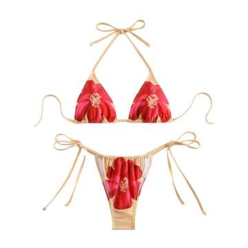 SHENHE Women's 2 Piece Floral Bikini Set Triangle Tie Side Halter Swimwear Bathing Suit Multicolor-Flower Print S