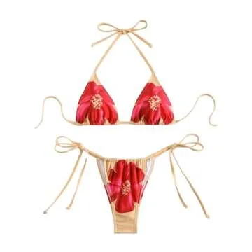 SHENHE Women's 2 Piece Floral Bikini Set Triangle Tie Side Halter Swimwear Bathing Suit Multicolor-Flower Print S