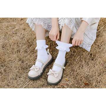 SRYL Women Ankle Socks, Women Lace Ruffle Frilly Turn Cuff Cotton Socks Cute Fashion Ladies Girl Princess (3 Pairs-White)