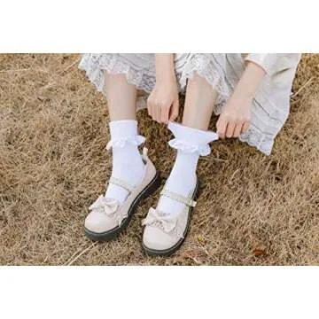 SRYL Women Ankle Socks, Women Lace Ruffle Frilly Turn Cuff Cotton Socks Cute Fashion Ladies Girl Princess (3 Pairs-White)