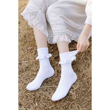 SRYL Women Ankle Socks, Women Lace Ruffle Frilly Turn Cuff Cotton Socks Cute Fashion Ladies Girl Princess (3 Pairs-White)