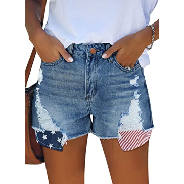 MINGALONDON Jean Shorts for Women Star Print Patch Mid Waist Distressed Frayed Raw Hem Denim Shorts ...