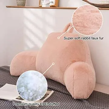 Holawakaka Standard Faux Fur Bed Rest Pillow with Arms, Artificial Rabbit Fur Reading Pillows Perfect for Adults, Teens, Kids, Arm, Pregnancy Lumbar & Head Neck Coccyx Lower Back Support Cushion Blush