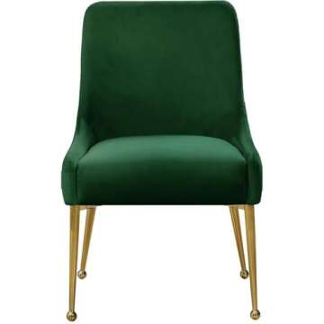 Meridian Furniture Owen Collection Modern | Contemporary Velvet Upholstered Dining Chair with Polished Gold Legs, Set of 2, 24" W x 21" D x 34.5" H, Green