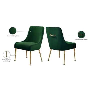 Meridian Furniture Owen Collection Modern | Contemporary Velvet Upholstered Dining Chair with Polished Gold Legs, Set of 2, 24" W x 21" D x 34.5" H, Green
