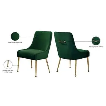 Meridian Furniture Owen Collection Modern | Contemporary Velvet Upholstered Dining Chair with Polished Gold Legs, Set of 2, 24" W x 21" D x 34.5" H, Green