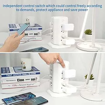 Tower Surge Protector Power Strip 10 ft Cord, NTONPOWER 8 Outlets 5 USB Desktop Charging Station, Extension Cord with Multiple Outlets, Circuit Breaker for Home Office Accessories College Essentials