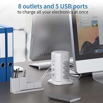 Tower Surge Protector Power Strip 10 ft Cord, NTONPOWER 8 Outlets 5 USB Desktop Charging Station, Extension Cord with Multiple Outlets, Circuit Breaker for Home Office Accessories College Essentials