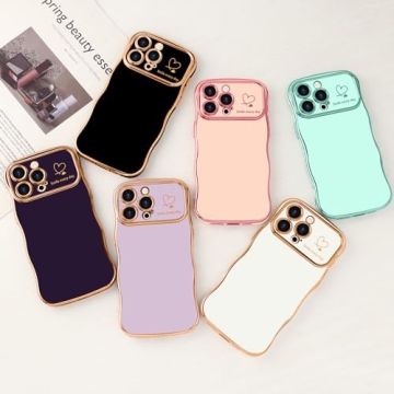 LCHULLE for iPhone 14 Pro Max Case for Women Girls, Cute Wave Frame Curly Shape with Love Heart Raised Camera Protection Cover Luxury Plating Shockproof Phone Case for iPhone 14 Pro Max, Dark Purple