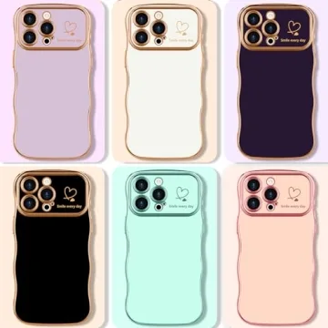 LCHULLE for iPhone 14 Pro Max Case for Women Girls, Cute Wave Frame Curly Shape with Love Heart Raised Camera Protection Cover Luxury Plating Shockproof Phone Case for iPhone 14 Pro Max, Dark Purple