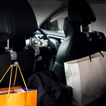 Car Purse Hook Bling Car Headrest Hook for Women Girls, 4 Packs Auto Back Seat Hangers Rear Headrest Hook for Purse, Bag, Handbag, Grocery (Silver)