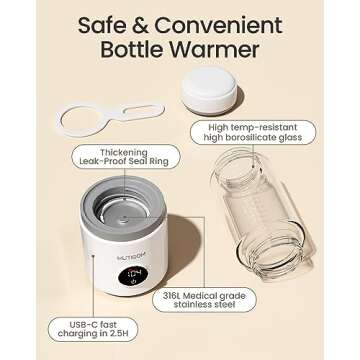MUTIGOM Portable Bottle Warmer, Fast Baby Bottle Warmer Milk Warmer with 11OZ Bottle, Rechargeable Travel Bottle Warmer for Most Bottles, Water Warmer for Baby Formula Breastmilk
