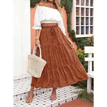 ZESICA Women's 2025 Summer Bohemian Floral Printed Elastic Waist A Line Maxi Skirt with Pockets,Brown,Small