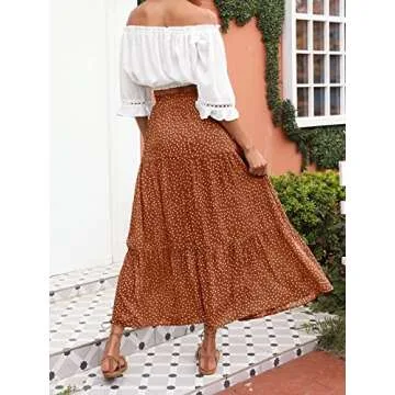 ZESICA Women's 2025 Summer Bohemian Floral Printed Elastic Waist A Line Maxi Skirt with Pockets,Brown,Small