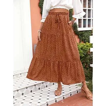 ZESICA Women's 2025 Summer Bohemian Floral Printed Elastic Waist A Line Maxi Skirt with Pockets,Brown,Small
