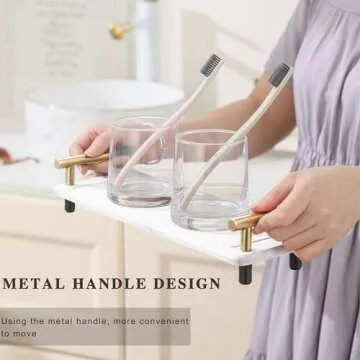 JoyPcsTable Instant Dry Sink Caddy, Kitchen Sink Caddy with 2 Coasters Water Absorbing Stone Tray for Sink, Quick Drying Stone Tray for Bathroom Counter, Stone Soap Tray with Metal Handle, White