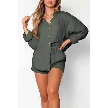 Trendy Queen Two Piece Sets For Women Summer Short Sets Beach Vcation Lounge Pajama 2 Piece Spring Outfits Fashion 2025 ArmyGreen S