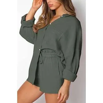 Trendy Queen Two Piece Sets For Women Summer Short Sets Beach Vcation Lounge Pajama 2 Piece Spring Outfits Fashion 2025 ArmyGreen S