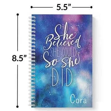 She Believed Personalized Motivational Notebook/Journal, Laminated Soft Cover, 120 pages of your selected paper, lay flat wire-o spiral. Size: 5.5” x 8.5”. Made in the USA