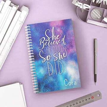 She Believed Personalized Motivational Notebook/Journal, Laminated Soft Cover, 120 pages of your selected paper, lay flat wire-o spiral. Size: 5.5” x 8.5”. Made in the USA