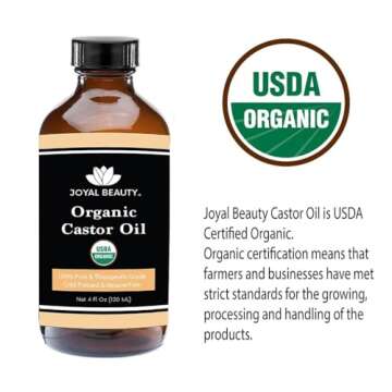 JOYAL BEAUTY Castor Oil USDA Certified Organic(4oz). 100% Pure Cold Pressed Unrefined Hexane Free Glass Bottle. Hair Eyelashes Eyebrows Lash Serum. For Face, Skin, Body, Belly Button. Free Mascara