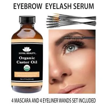 JOYAL BEAUTY Castor Oil USDA Certified Organic(4oz). 100% Pure Cold Pressed Unrefined Hexane Free Glass Bottle. Hair Eyelashes Eyebrows Lash Serum. For Face, Skin, Body, Belly Button. Free Mascara