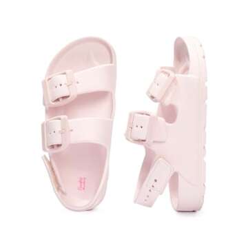FUNKYMONKEY Unisex-Child Slides Adjustable Double Buckle and Back Strap Open Toe EVA Flat Sandals for Toddler Boys Girls (5 Toddler, Light Pink/HGD)