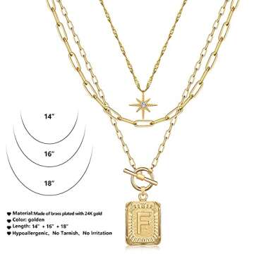 MJartoria Layered Initial Necklaces for Women Trendy, 14K Gold Plated Simple Star Choker Square Letter Pendant Necklace, Paperclip Chain Necklace, Gold Necklaces Jewelry Gifts (Gold, F)