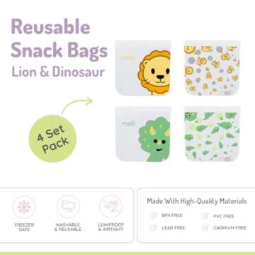 melii Reusable Sandwich & Snack Bags for Kids & Adults, Food Storage, Organization & Meal Prep Containers, Leakproof, BPA free, 4 Pack, 2 Dinosaur & 2 Lion