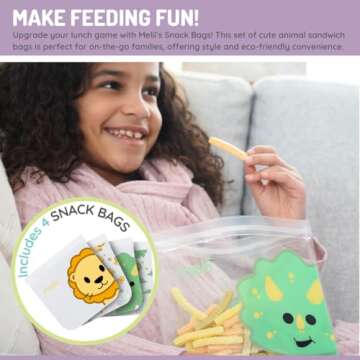 melii Reusable Sandwich & Snack Bags for Kids & Adults, Food Storage, Organization & Meal Prep Containers, Leakproof, BPA free, 4 Pack, 2 Dinosaur & 2 Lion
