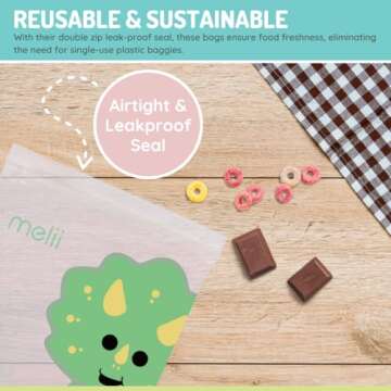 melii Reusable Sandwich & Snack Bags for Kids & Adults, Food Storage, Organization & Meal Prep Containers, Leakproof, BPA free, 4 Pack, 2 Dinosaur & 2 Lion