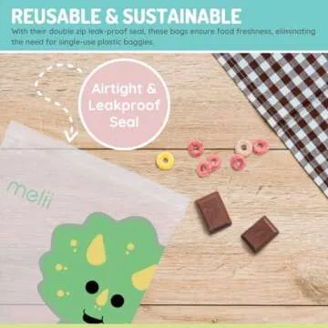 melii Reusable Sandwich & Snack Bags for Kids & Adults, Food Storage, Organization & Meal Prep Containers, Leakproof, BPA free, 4 Pack, 2 Dinosaur & 2 Lion