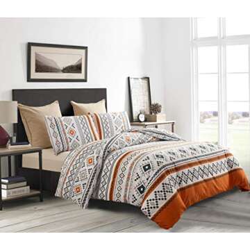 YFISAN Bohemian Duvet Cover Set King Orange Boho Comforter Cover Set Western 3 Pieces Geometric Ligh...