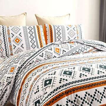 YFISAN Bohemian Duvet Cover Set King Orange Boho Comforter Cover Set Western 3 Pieces Geometric Lightweight Soft Farmhouse Bedding Duvet Cover Set White (Style 4, King，104"x90")