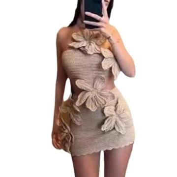 QNI Mini Dress - Crochet Floral Halter Neck Dress