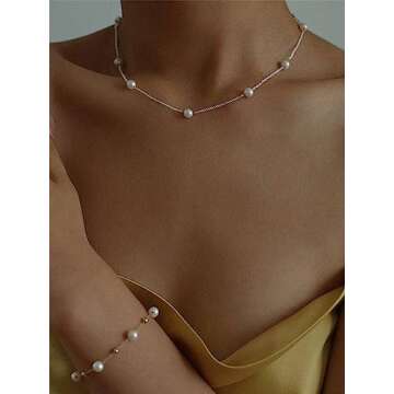 Sereney Sterling Silver Pearl Necklaces for Women, Dainty Birthday Necklaces Prom Jewelry as Real Pearl Choker Necklace, Freshwater Pearl Jewelry as Sterling Silver Choker Necklace for Bridal Jewelry