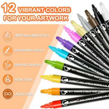12 Colors Acrylic Paint Pens Markers, Dual Tip Acrylic Paint Pens for Rock Painting, Wood, Canvas, Stone, Glass, Ceramic Surfaces, DIY Crafts Making Art Supplies (Round Tip and Fine Tip)